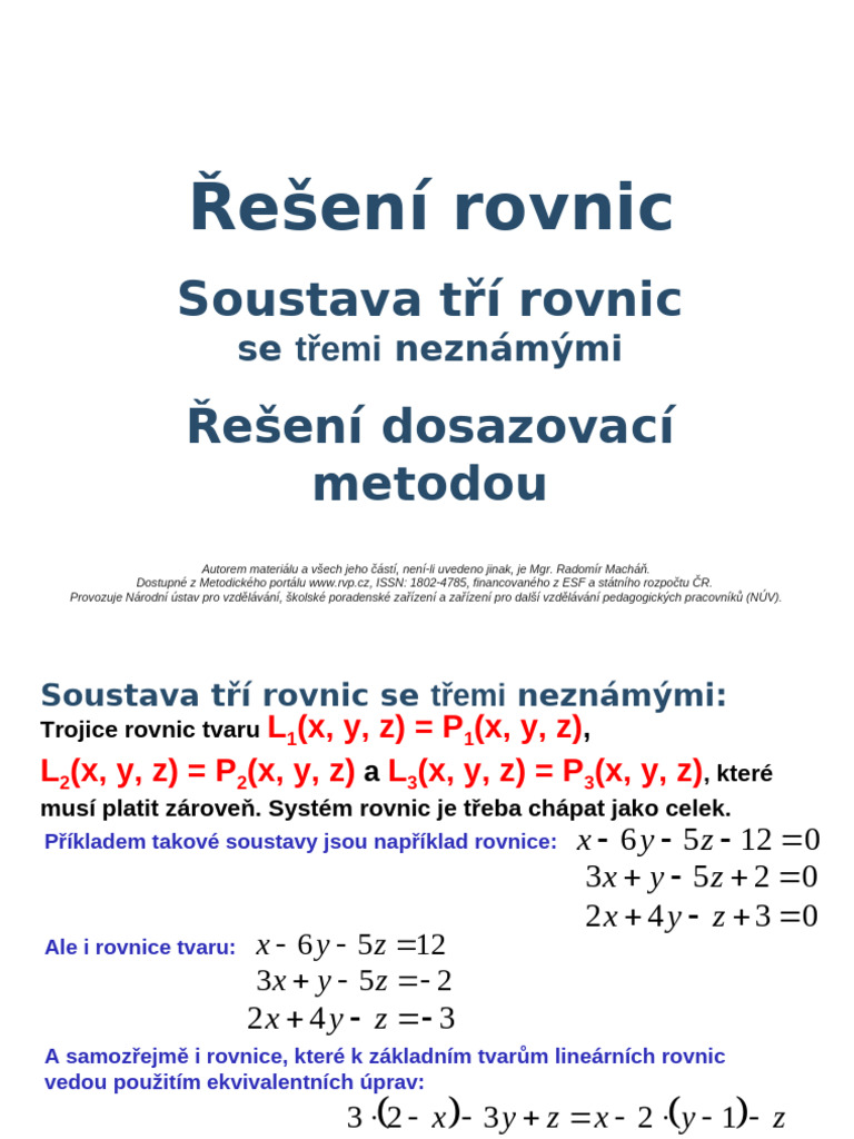 Řešení Soustavy Tří Rovnic o Třech Neznámých | PDF
