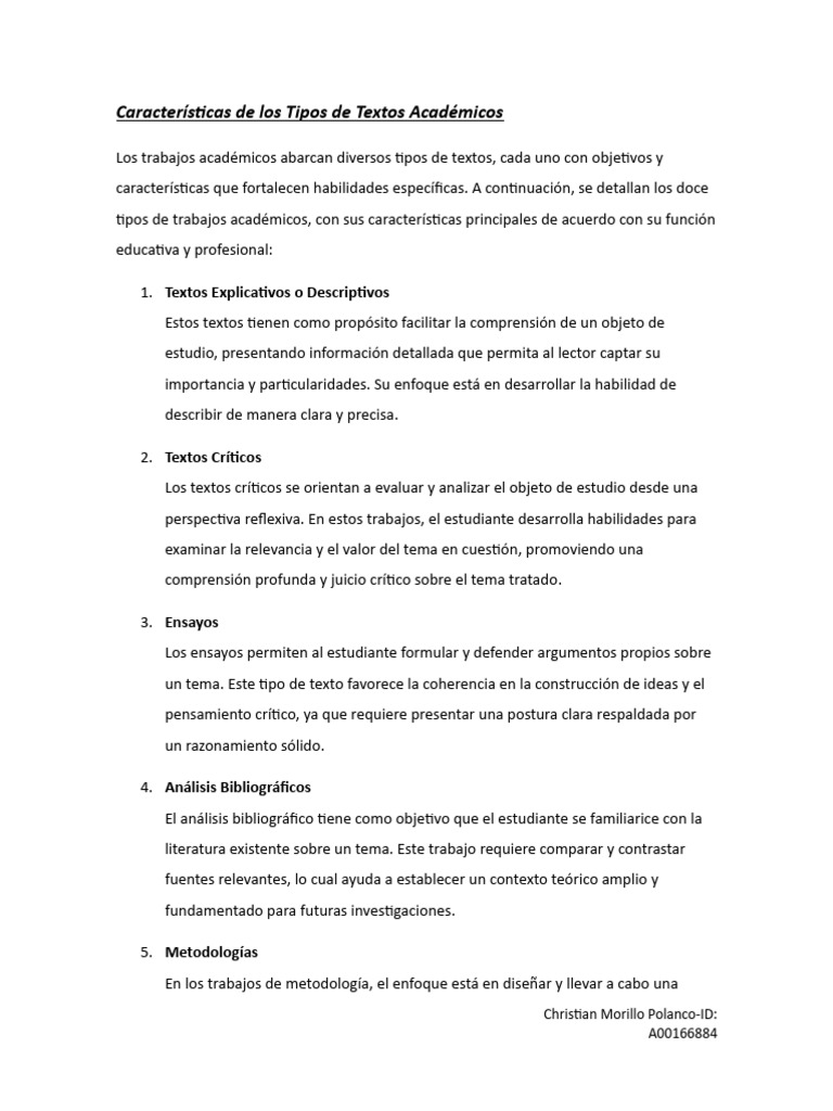 Tipos de Textos Académicos y sus Características | PDF | Diseño ...