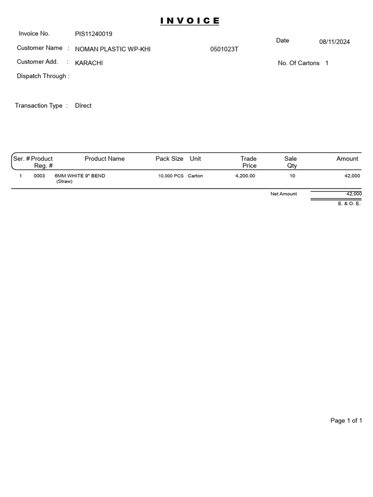 Invoice for 6MM White 9