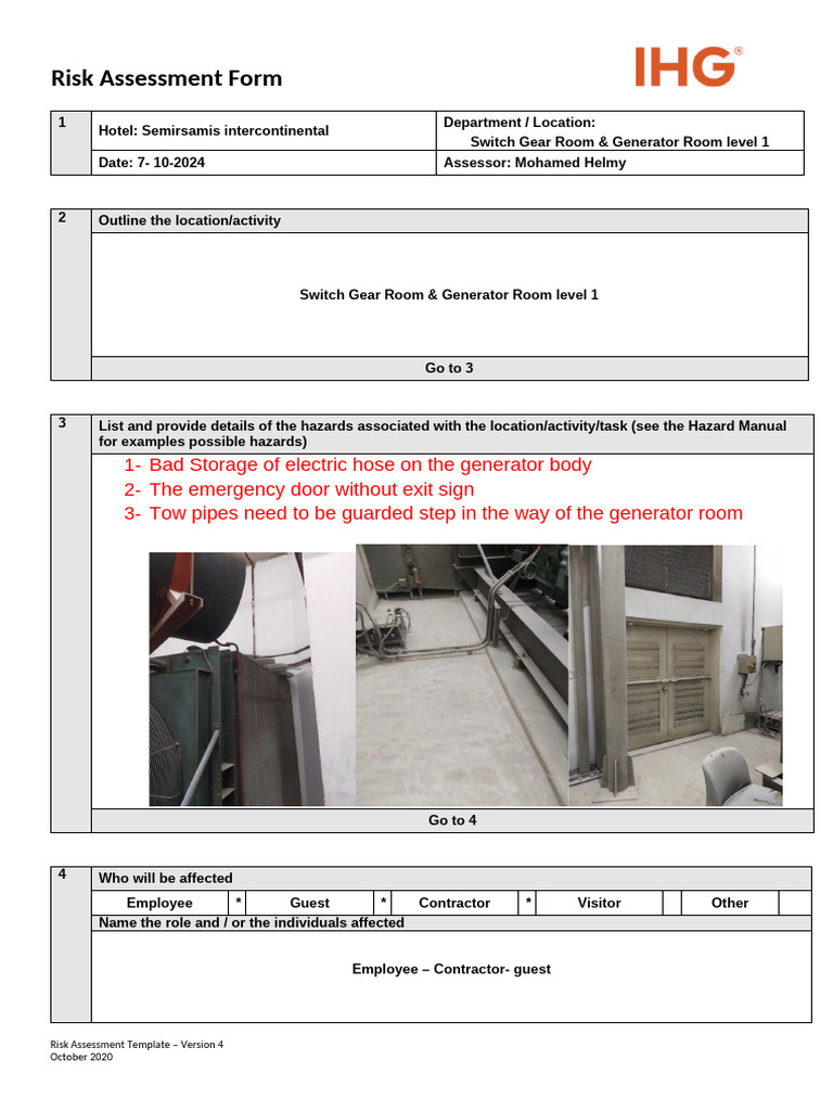 Hotel Generator Room Risk Assessment | PDF | Risk | Risk Assessment