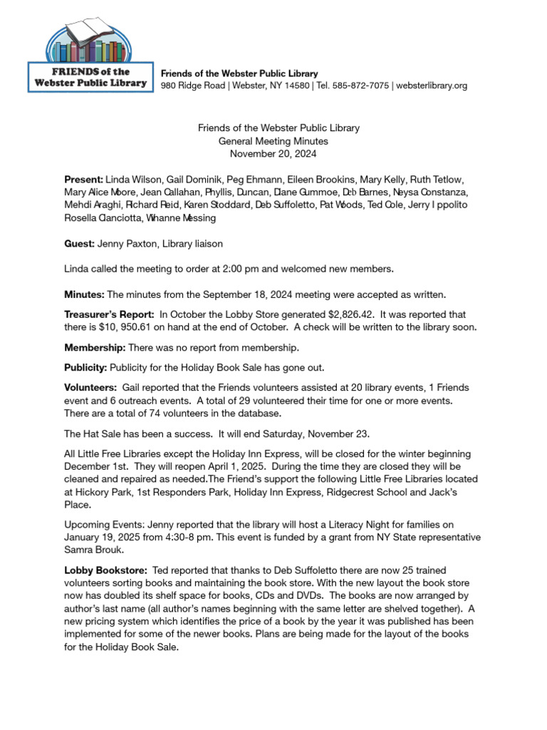 Webster Library Friends Meeting Minutes | PDF | Books