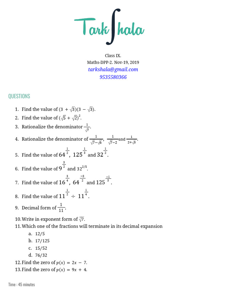 Class IX Maths DPP Questions Nov 2019 | PDF