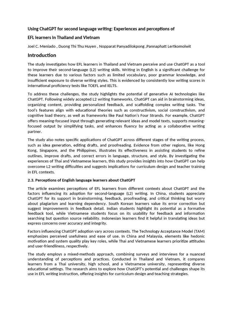 ChatGPT in EFL Writing: Insights from Vietnam | PDF | Second Language ...