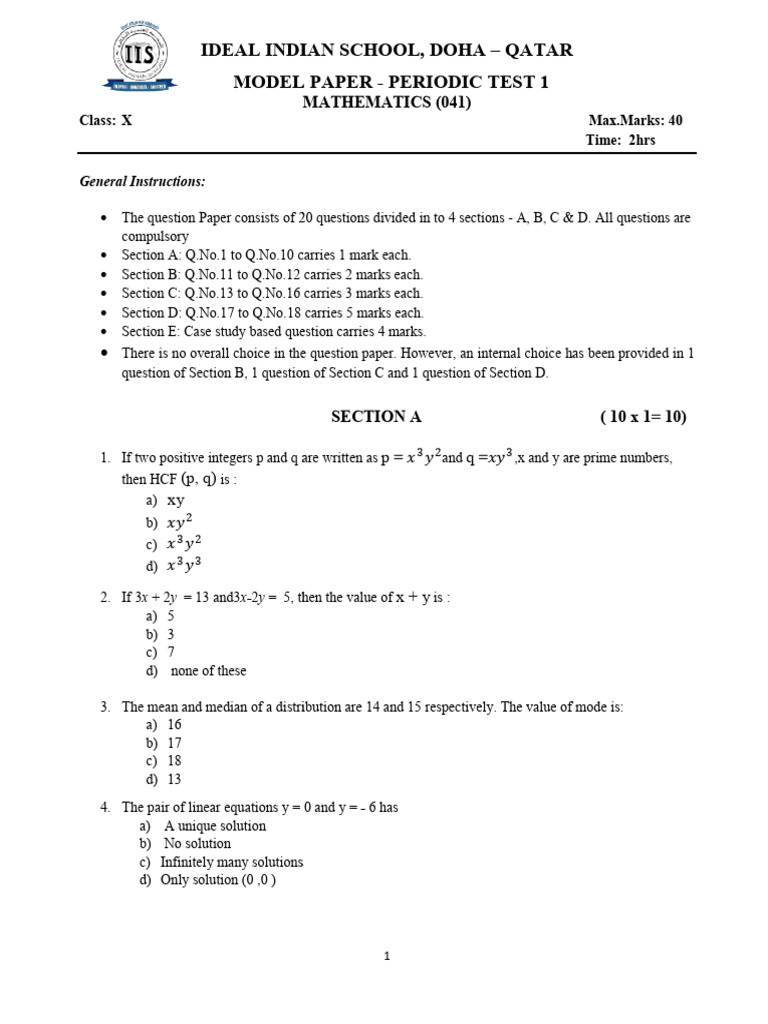 Class 10 Mathematics Model Paper 1 | PDF | Zero Of A Function | Numbers