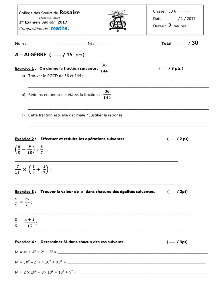 Examen de maths EB 6 - Janv 2017 | PDF | Cercle | Droite (mathématiques)