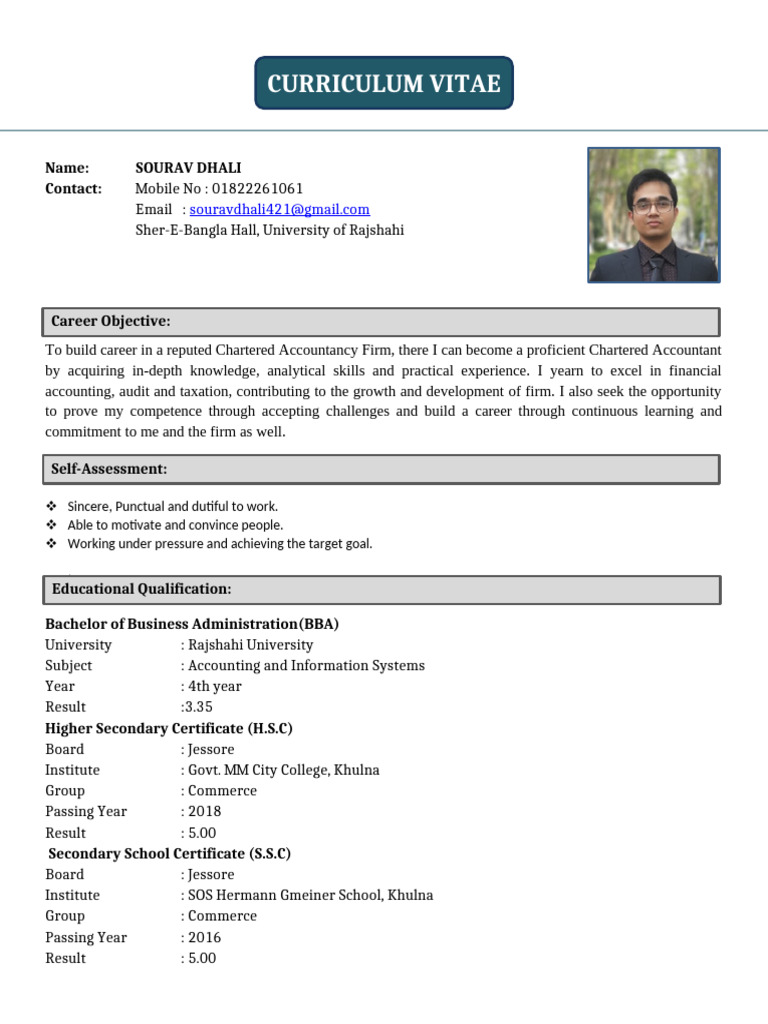 Sourav Dhali's CV for Chartered Accountancy | PDF