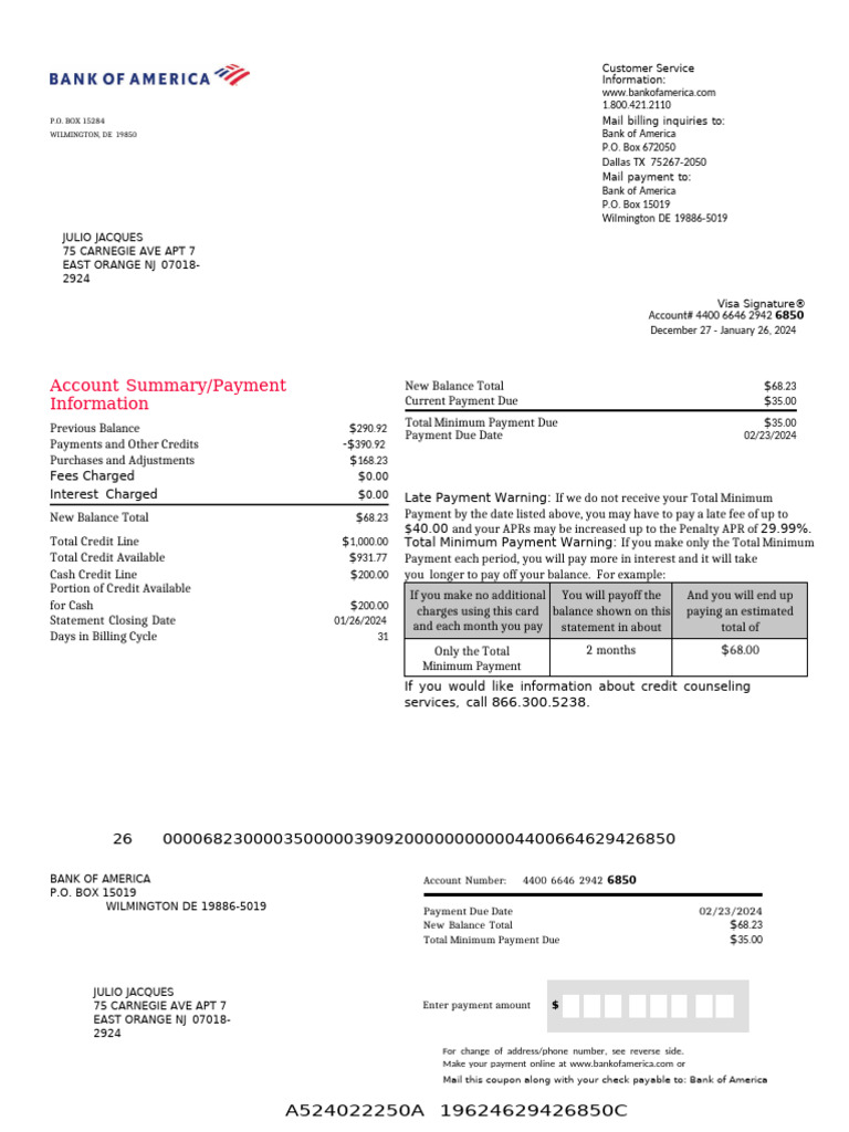 Bank of America Bank Statement PDF Credit Card Annual Percentage Rate