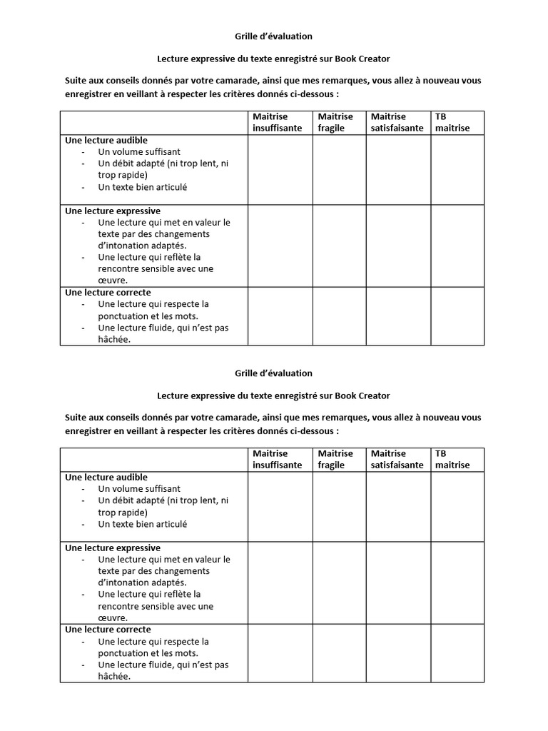 Grille d'évaluation de lecture expressive | PDF