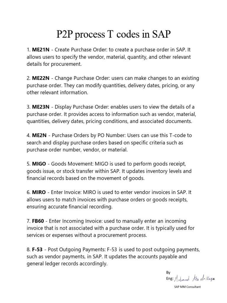 SAP P2P Process T-Codes Overview | PDF | Receipt | Invoice