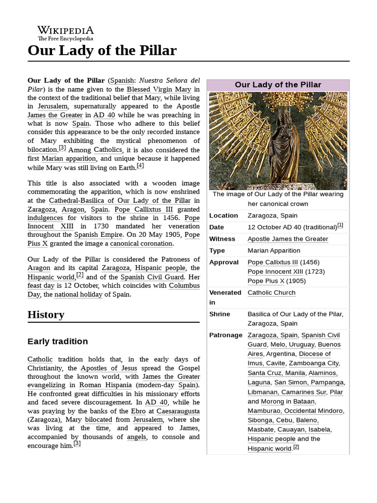 Our Lady of the Pillar Overview | PDF
