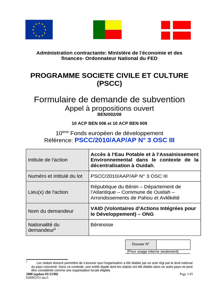 Formulaire De Demande De Subvention PDF Assainissement Eau
