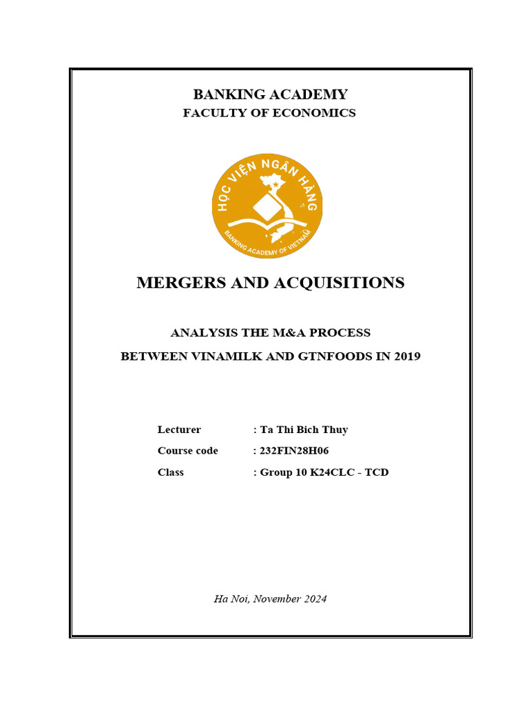 MA K24CLCTCD Nhóm 10 Word | PDF | Mergers And Acquisitions | Discounted ...