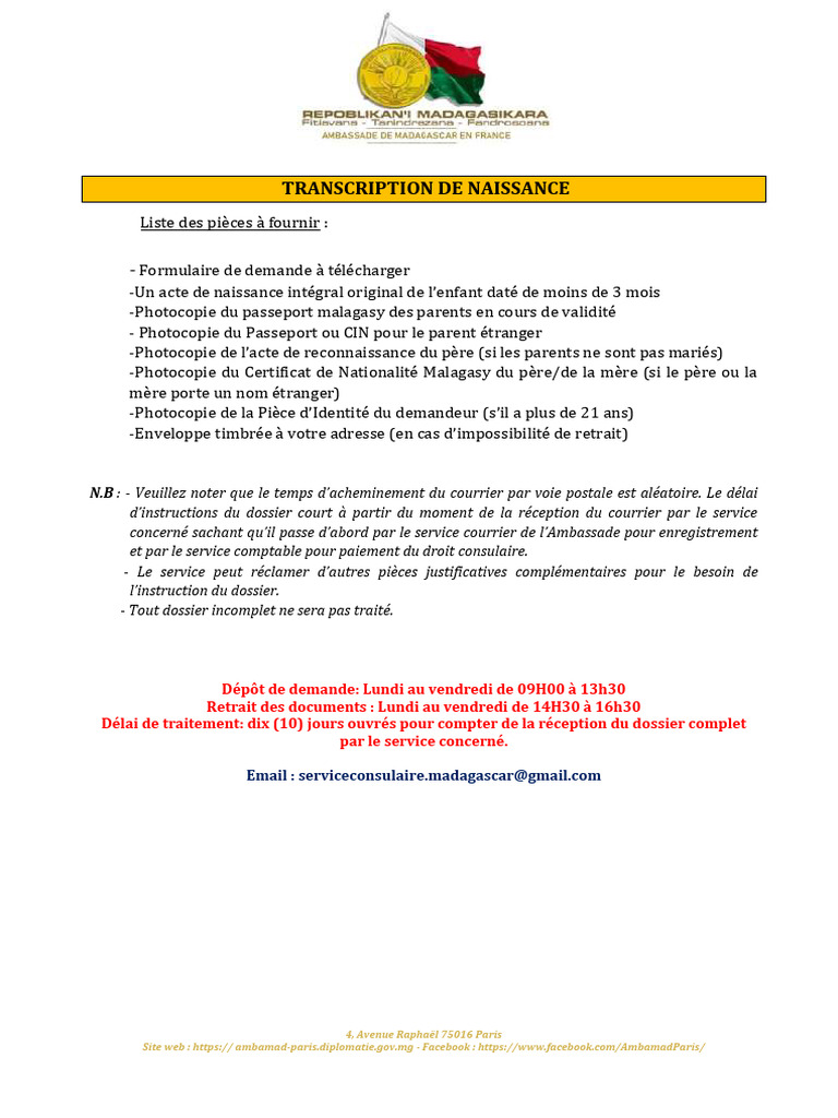 Transcription Acte de Naissance Madagascar | PDF