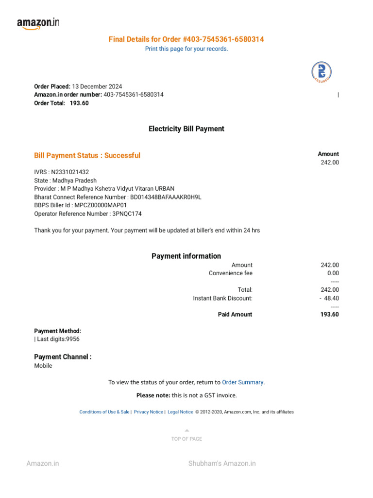 Amazon - in - Order 403-7545361-6580314 | PDF | Payments | Services ...