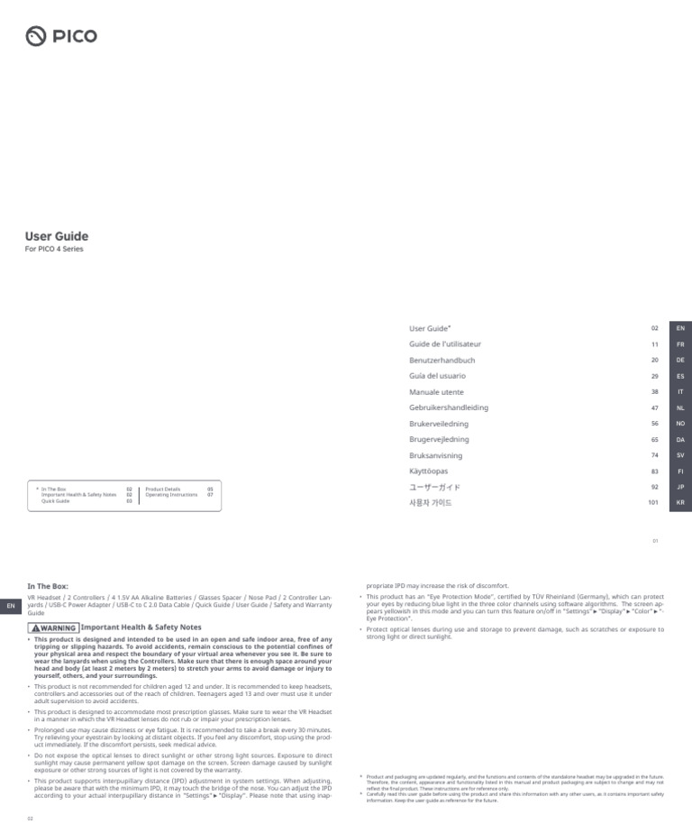 PICO 4 User Guide and Safety Manual | PDF | Virtual Reality
