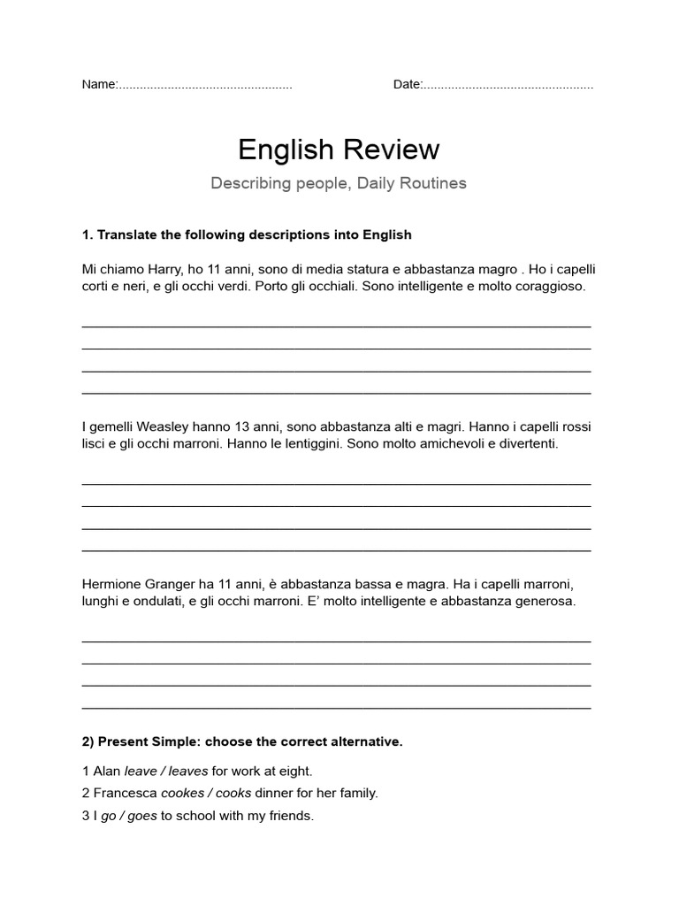 Review - Describing People, Daily Routines | PDF | Linguistics | Grammar
