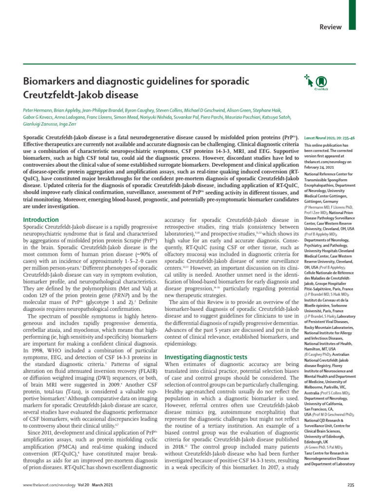 Biomarkers and Diagnostic Guidelines For Sporadic | PDF | Sensitivity ...