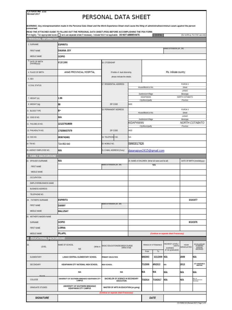 Simple Personal Data Sheet 2024