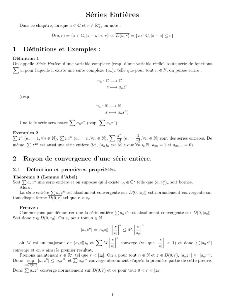 Séries Entières et Rayon de Convergence PDF Série entière Limite — free download