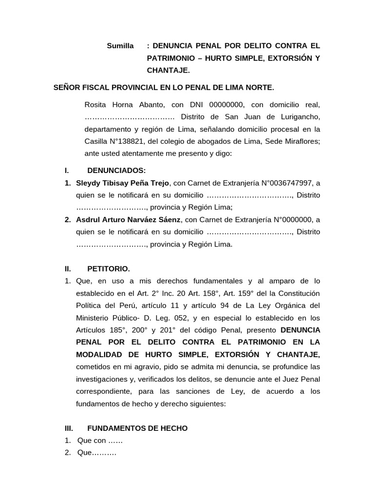 Denuncia Por Hurto | PDF | Crímenes | Crimen y violencia