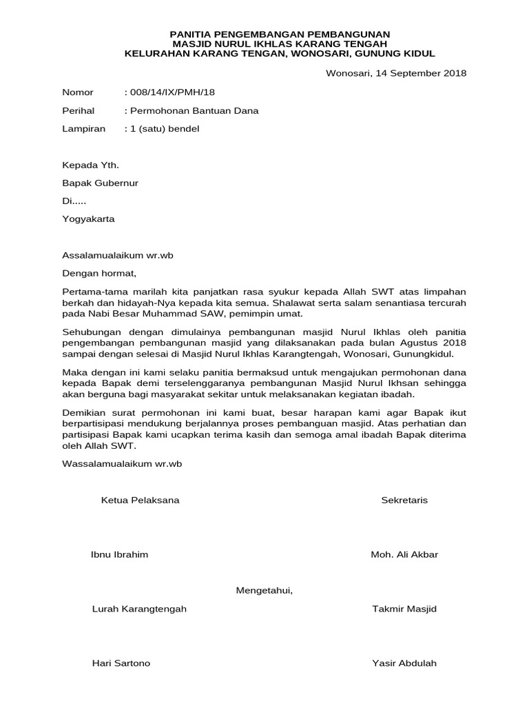 Contoh Surat Permohonan Dana Untuk Pembangunan Masjid | PDF