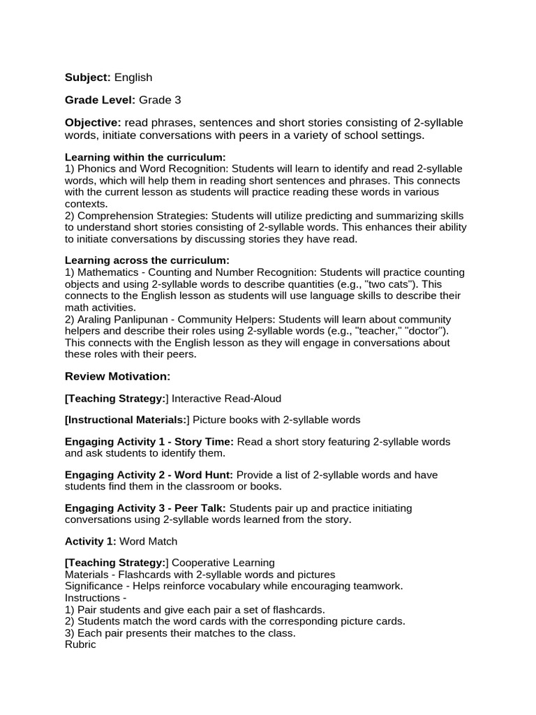 Grade 3 2-Syllable Word Curriculum | PDF | Reading Comprehension ...