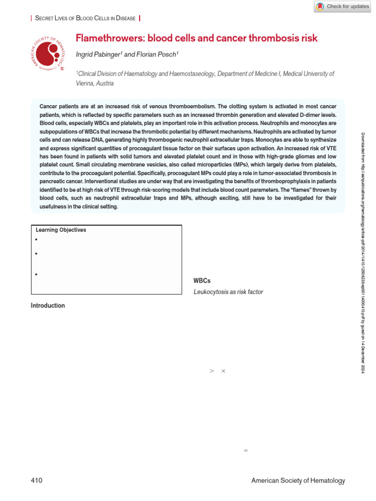 Blood Cells and Cancer Thrombosis Risk | PDF | Coagulation | Thrombosis