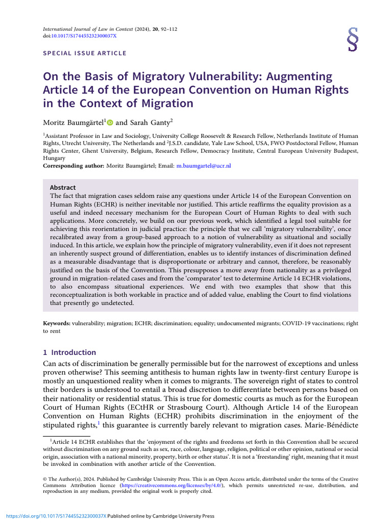 On The Basis of Migratory Vulnerability Augmenting Article 14 of The ...