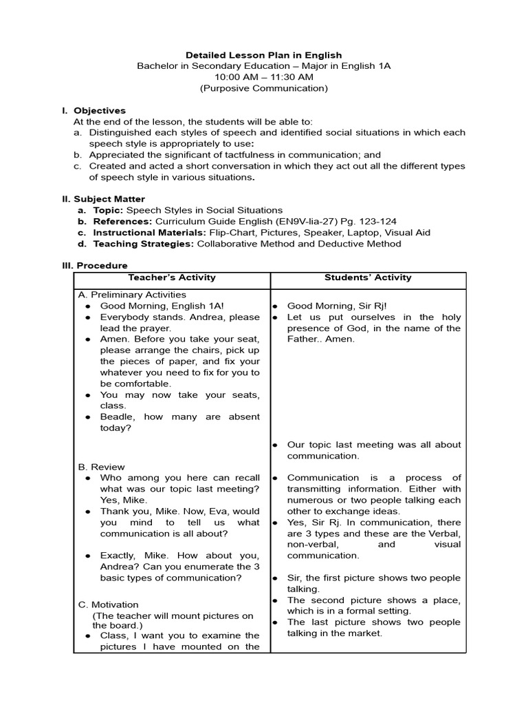 Lesson Plan: Speech Styles in English | PDF | Communication | Lesson Plan