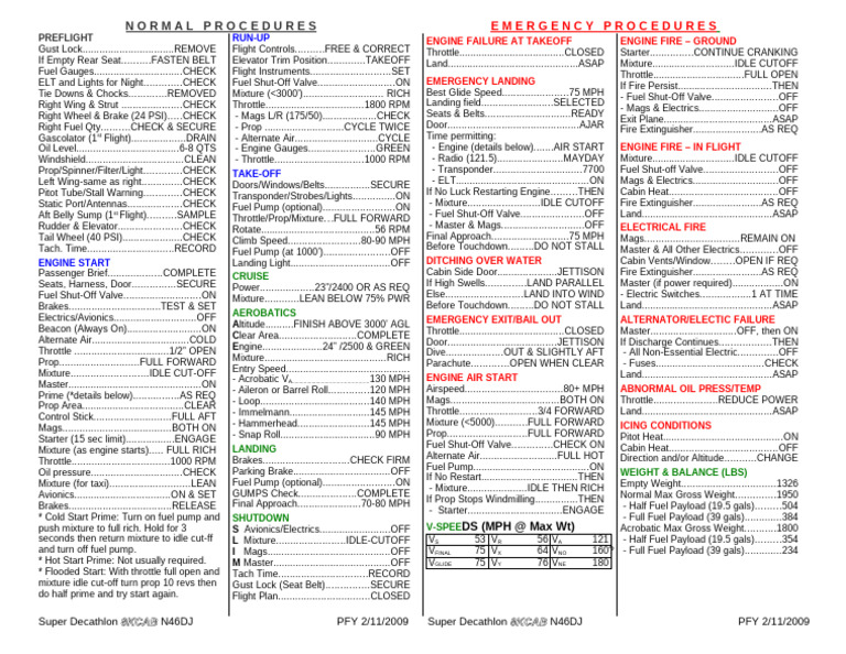 Super Decathlon Preflight & Emergency Checklist | PDF | Aviation Safety ...