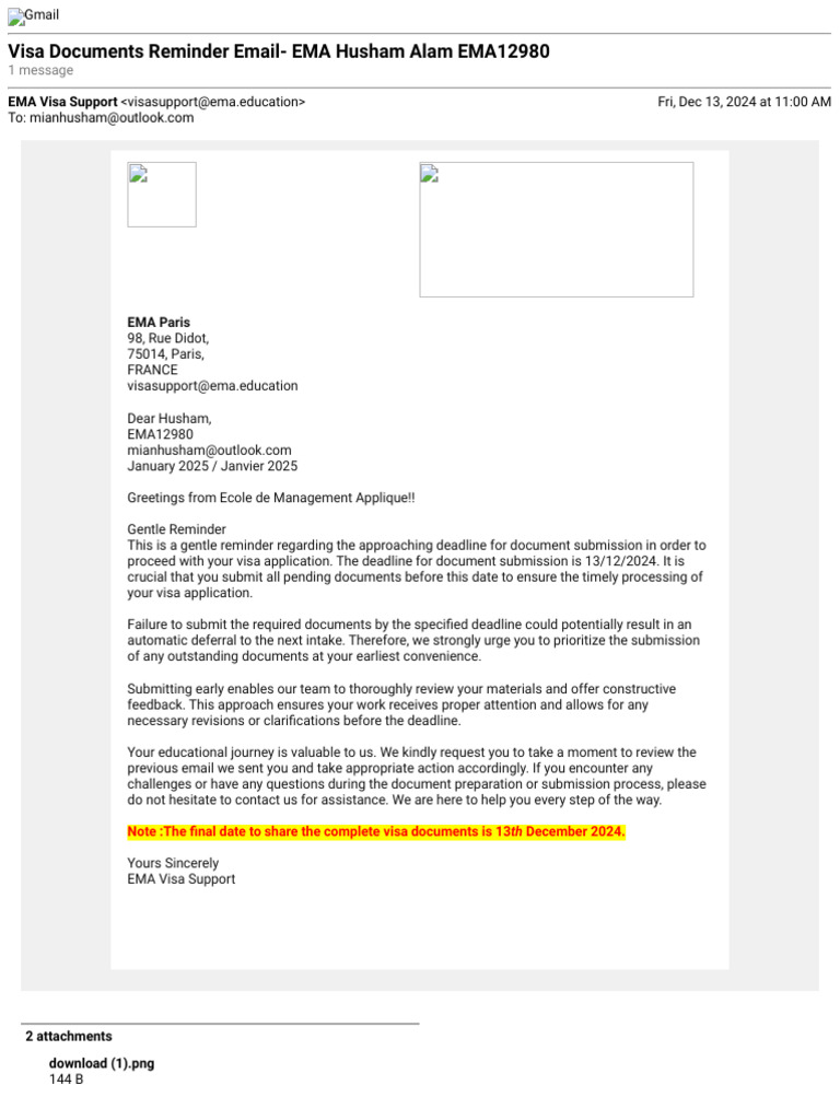 Gmail - Visa Documents Reminder Email - EMA Husham Alam EMA12980 | PDF