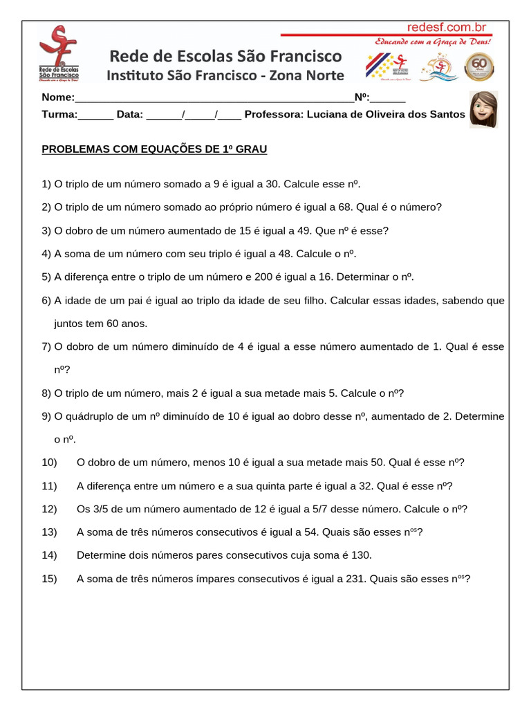 Problemas de Equações do 1º Grau | PDF