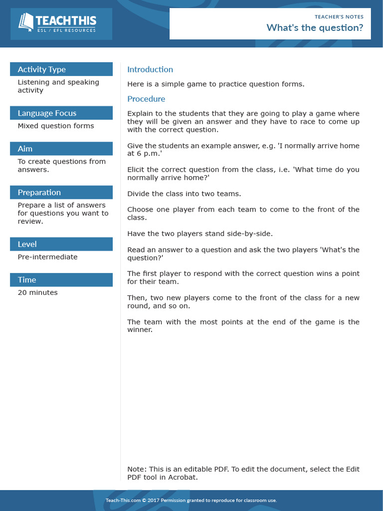 ESL/EFL Question Form Game Guide | PDF