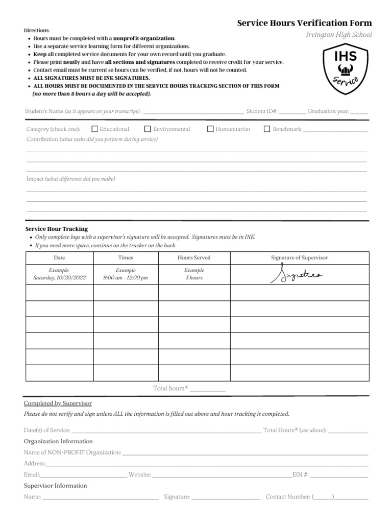Service Hours Verification Form | PDF | Signature | Authentication