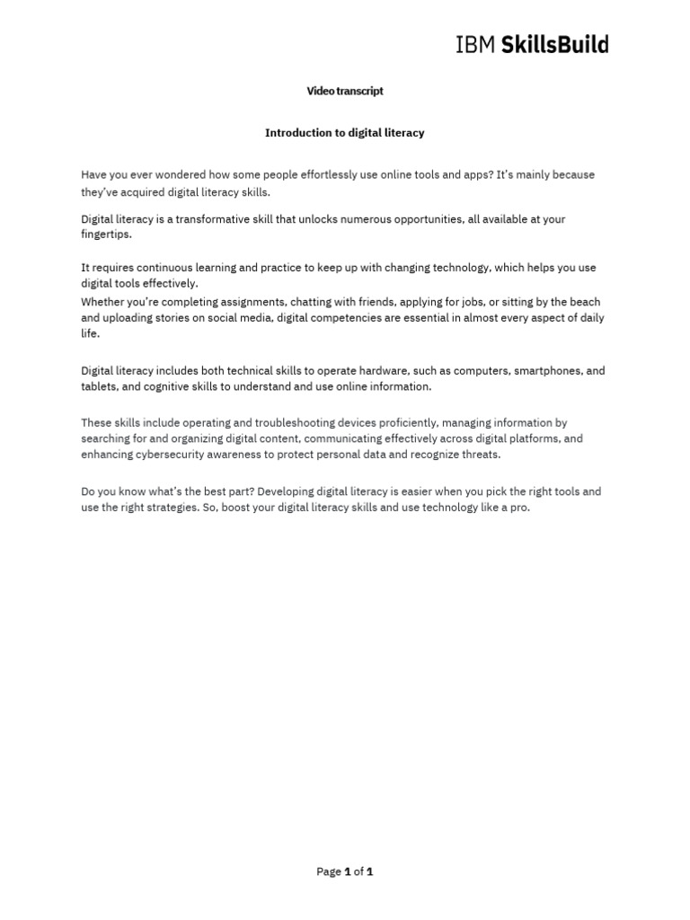 Video Transcript - Introduction To Digital Literacy | PDF