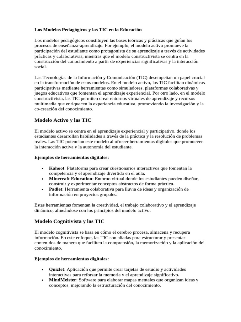 Los Modelos Pedagógicos y Las TIC en La Educación | PDF | Tecnología de ...