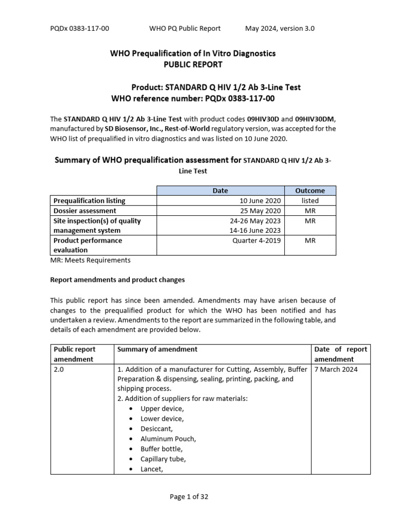 WHO Prequalification of STANDARD Q HIV Test | PDF | Assay | Diagnosis ...