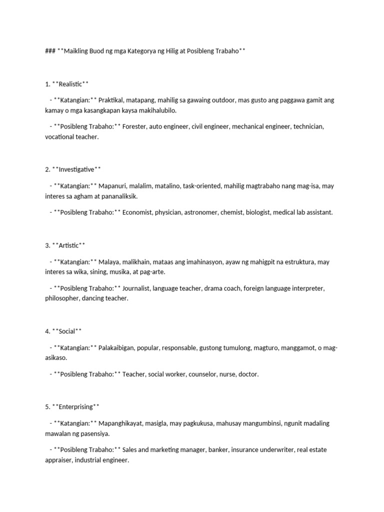 Kategorya ng Hilig at Trabaho | PDF