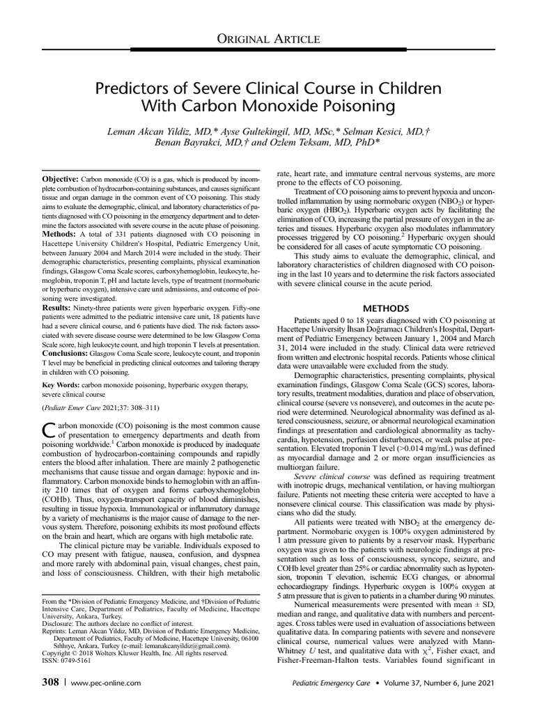 Predictors of Severe Clinical Course in Children With Carbon Monoxide ...