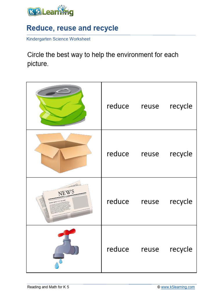 Kindergarten Reduce, Reuse, Recycle Worksheet | PDF