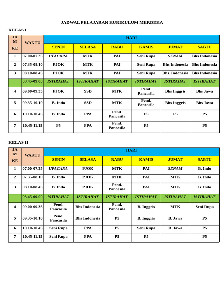 Jadwal Pelajaran Kelas 1-6 2024 (1) | PDF
