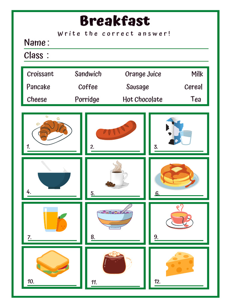 Colorful Illustrative Breakfast Worksheet | PDF