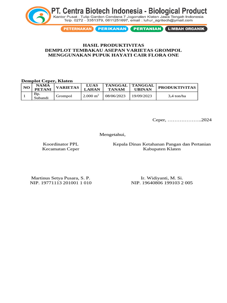 Hasil Demplot Tembakau Grompol Klaten | PDF