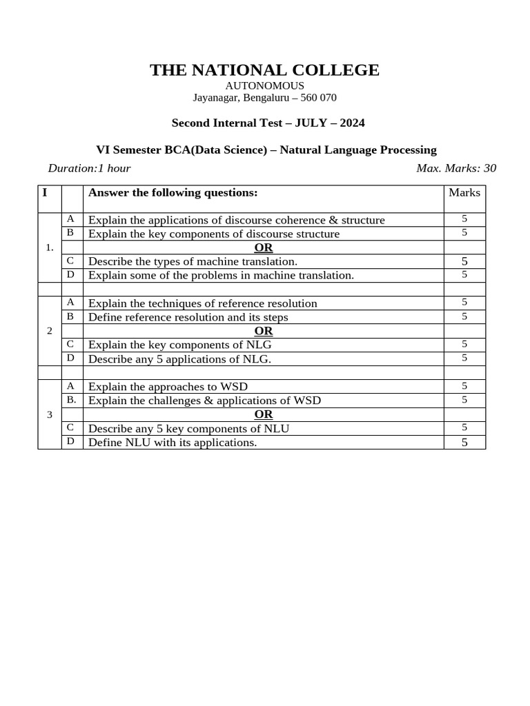 BCA VI Sem Test: NLP Concepts & Applications | PDF