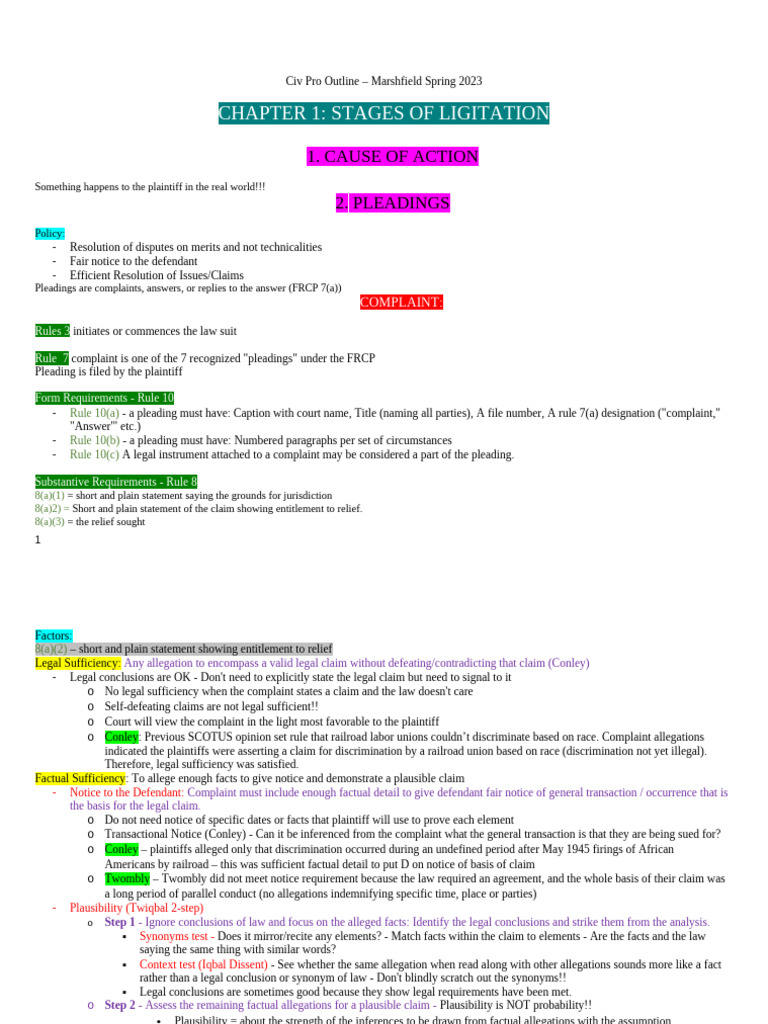 Civil Procedure Outline: Litigation Stages | PDF | Lawsuit | Summary ...