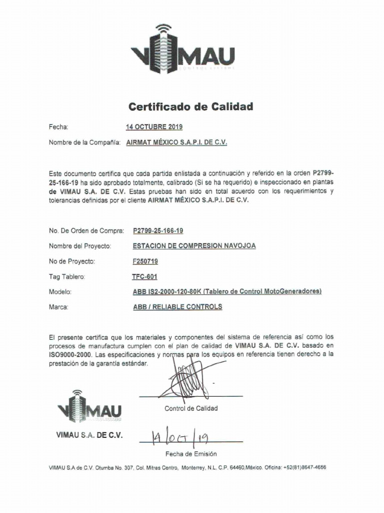 Certificado Calidad - TFC-601 | PDF