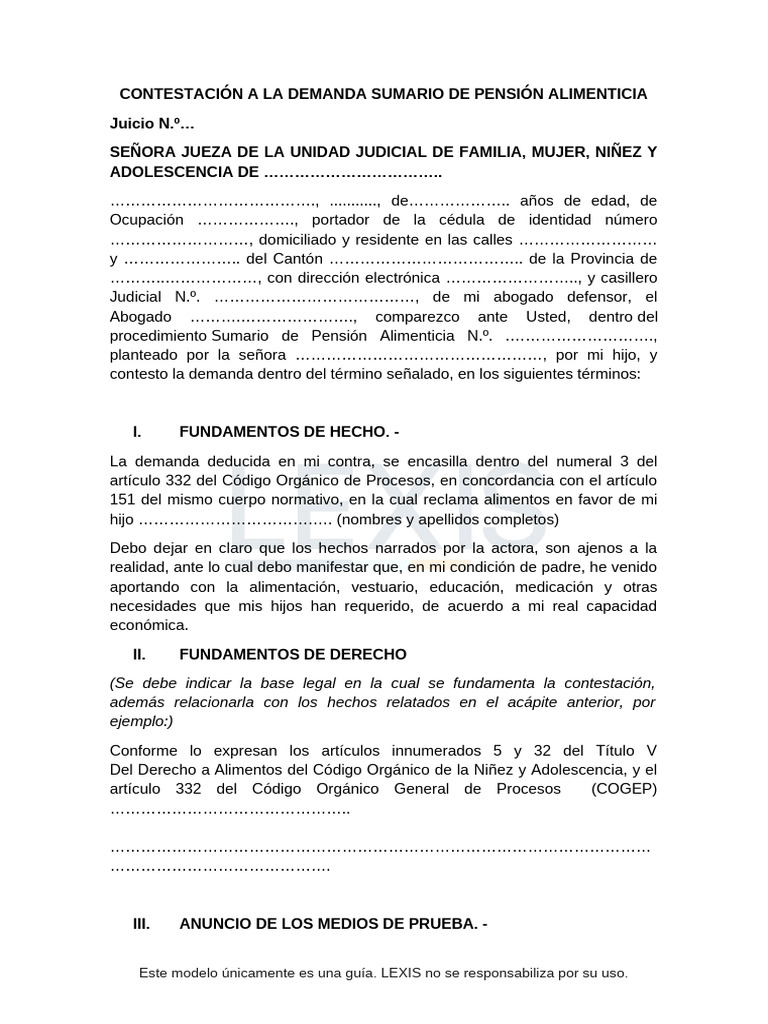 Contestación a Demanda de Pensión Alimenticia | PDF | Pensión ...