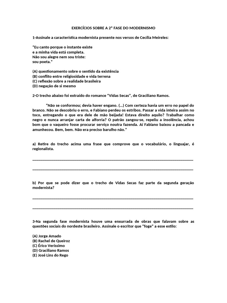Exercícios sobre a 2ª Fase do Modernismo | PDF