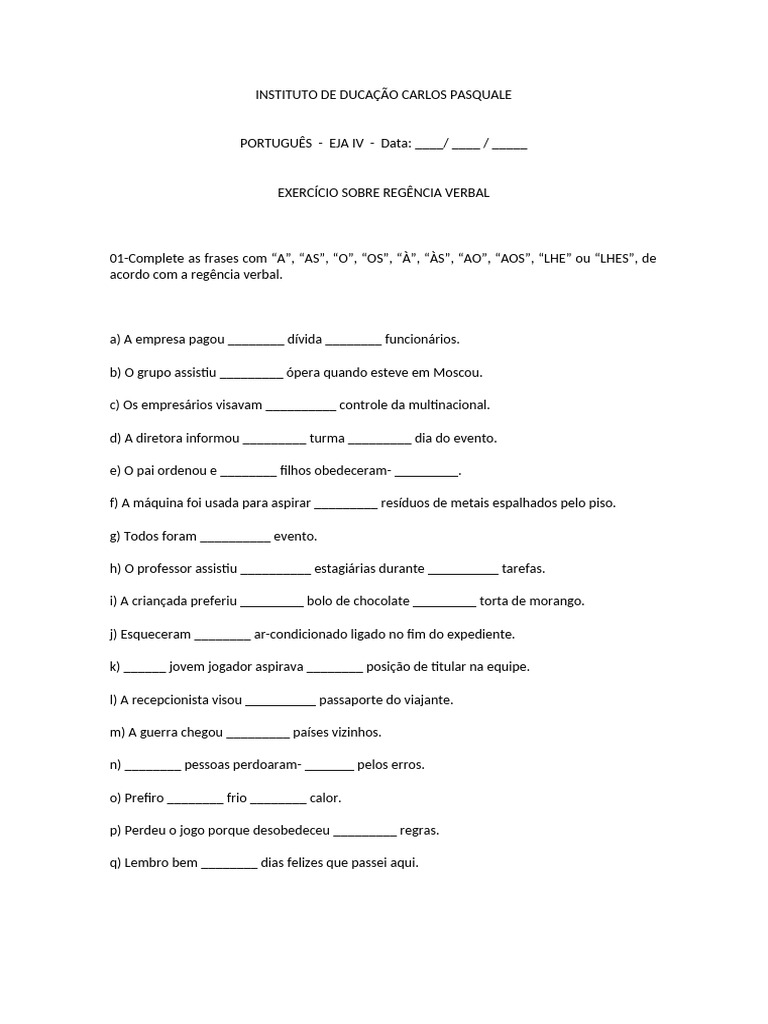 Exercícios de Regência Verbal EJA IV | PDF