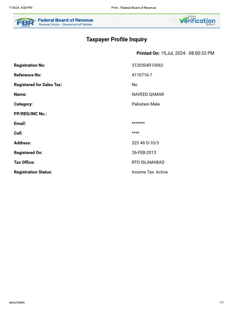 Taxpayer Profile: Naveed Qamar | PDF